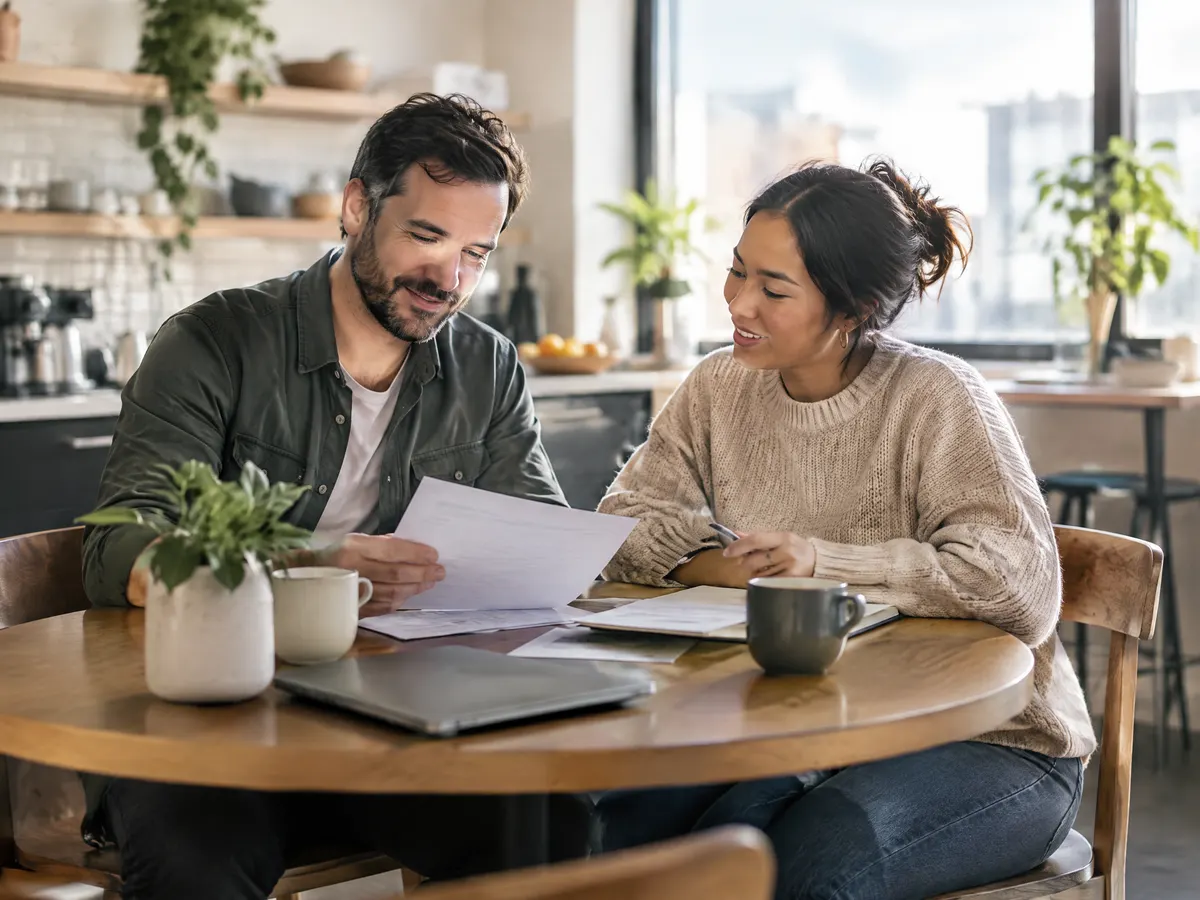 A small business owner and an employee sit at a café-style table in a bright office kitchen, talking through paperwork together with relaxed, supportive expressions.