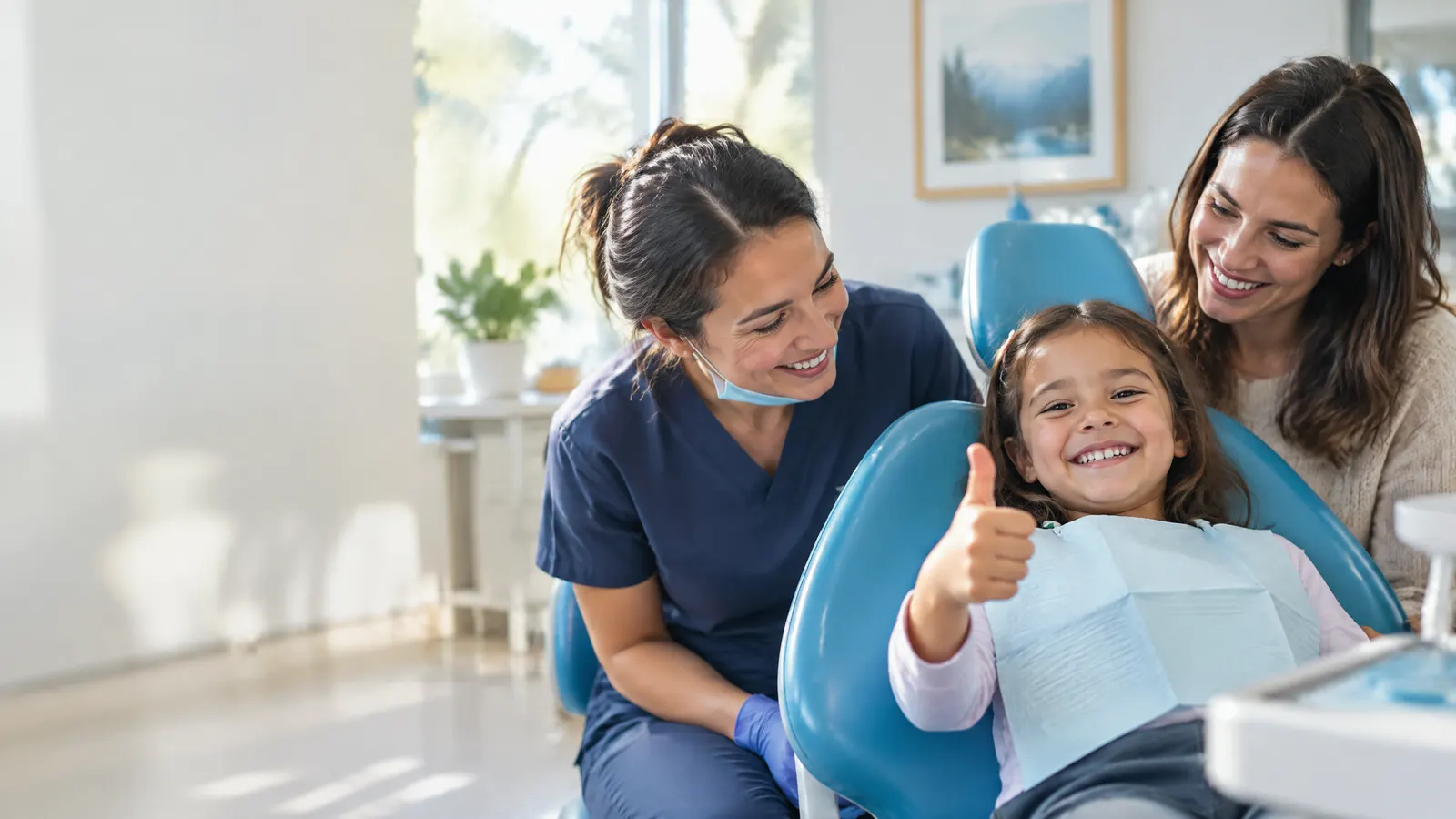 A smiling young child sits in a bright dental chair giving a thumbs up while a friendly dental hygienist and the child's parent look on in a sunny, modern clinic.