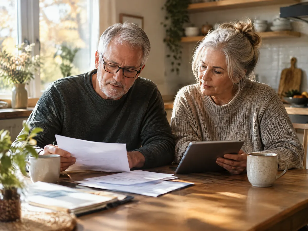 An older couple sits at a kitchen table with coffee, sorting through health paperwork and a tablet in warm afternoon light.