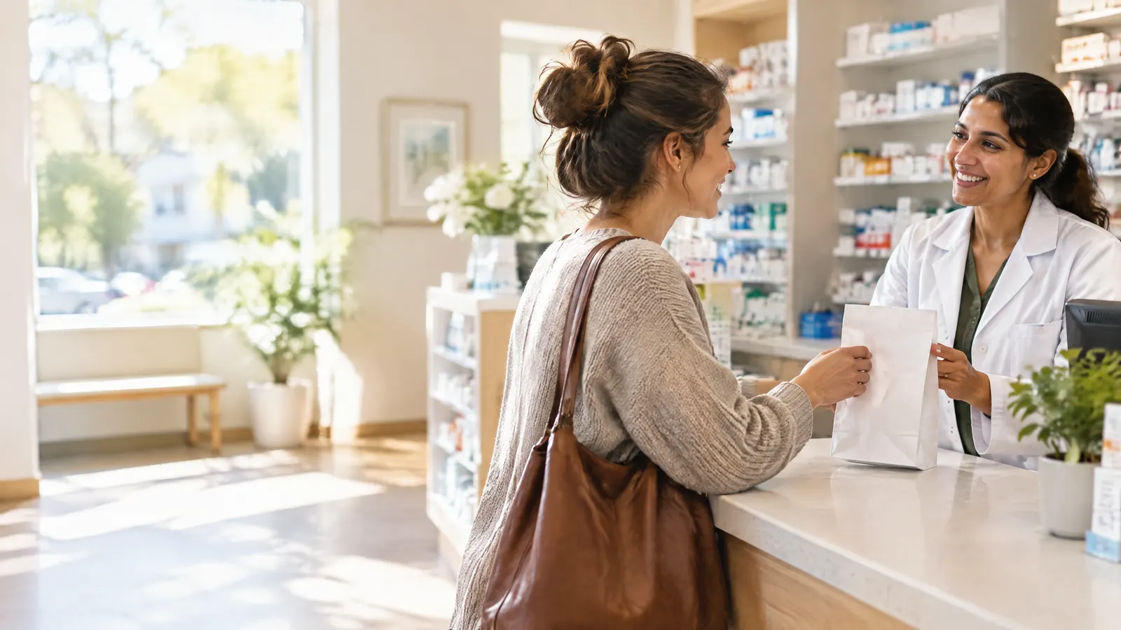 A young woman chats with a smiling pharmacist across a bright neighbourhood pharmacy counter as she picks up a prescription bag on a sunny afternoon.