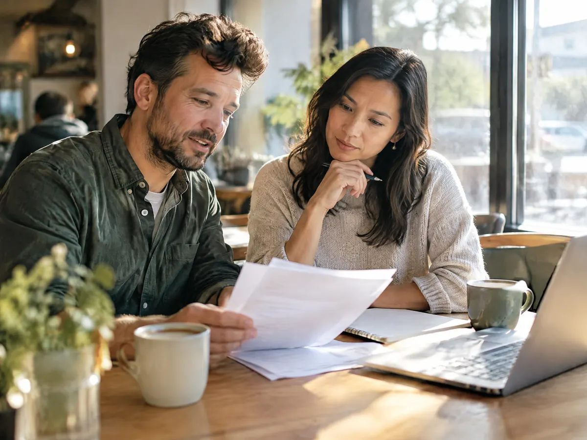 A small business owner and an HR manager review benefits paperwork together at a sunlit cafe table with coffee mugs and a laptop.