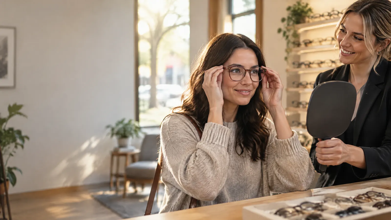 A woman in her thirties tries on new eyeglasses at an optical shop counter while a smiling optician holds up a hand mirror, warm afternoon light through the window.