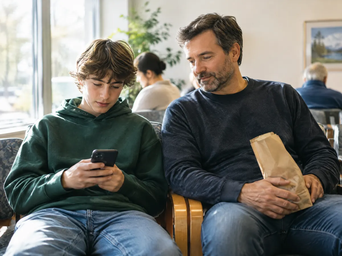 A father and his teenage son sit together in a bright family doctor's waiting room, the son scrolling his phone while the dad holds a pharmacy paper bag on his lap.