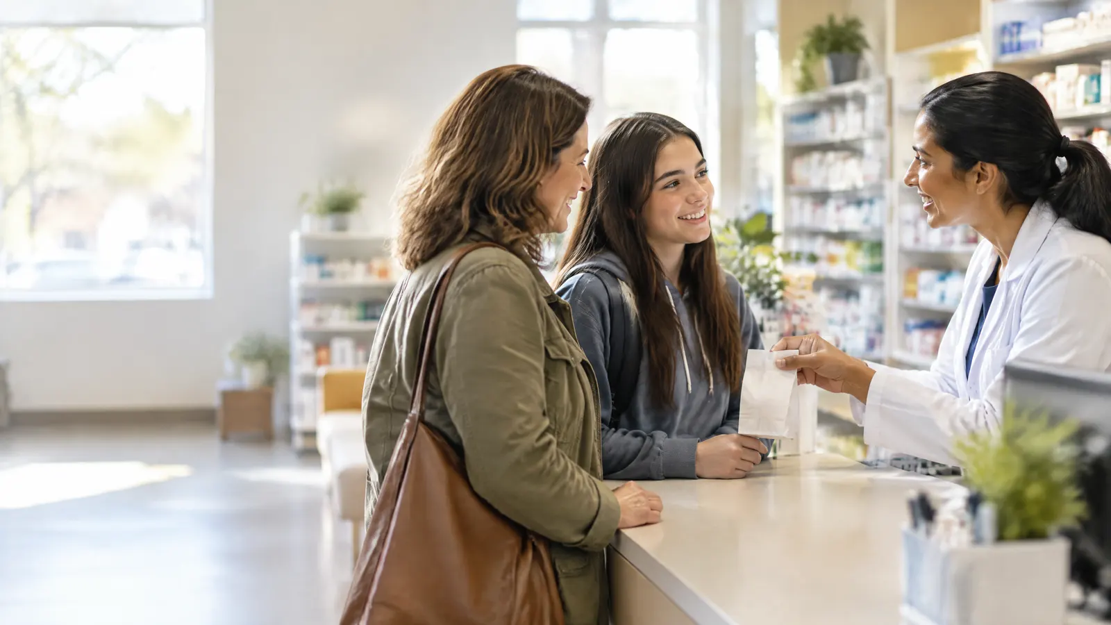 A parent and a teenage daughter chatting with a friendly pharmacist across a bright neighbourhood pharmacy counter as a small prescription bag is handed over.