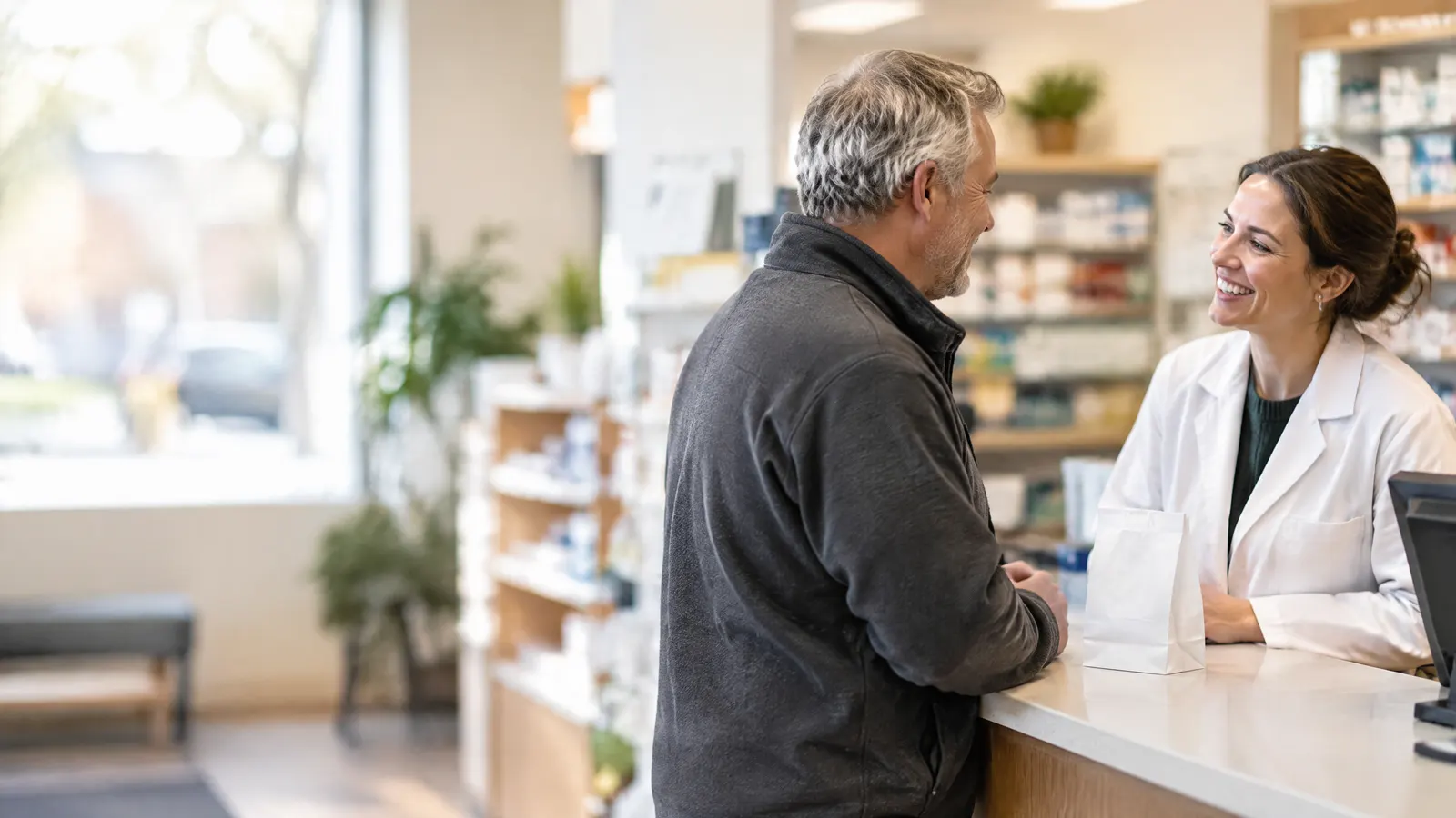A grey-haired man in a work fleece chats with a smiling pharmacist across a bright neighbourhood pharmacy counter, a small paper prescription bag between them.