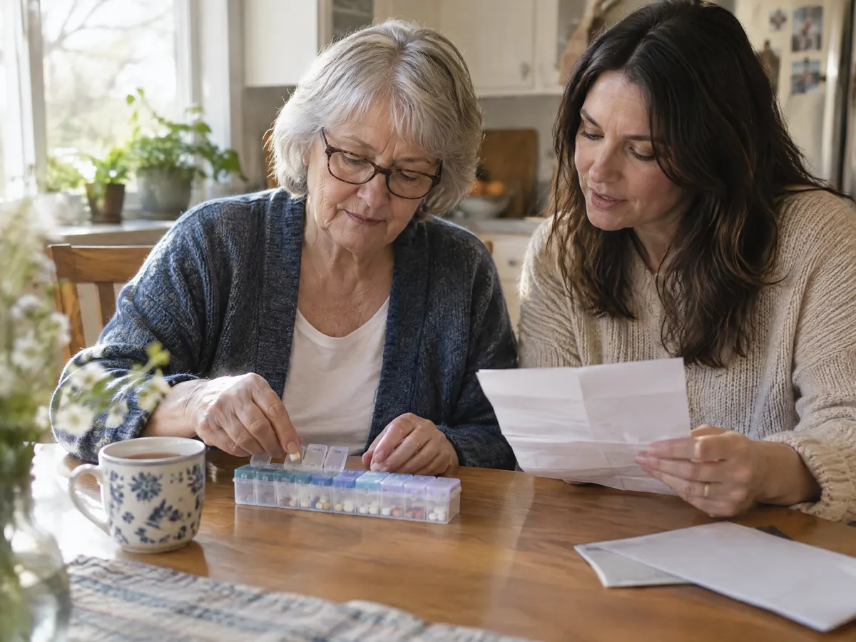 A woman in her sixties sits at her kitchen table with a mug of tea, sorting a weekly pill organizer while her adult daughter helps read a folded letter.