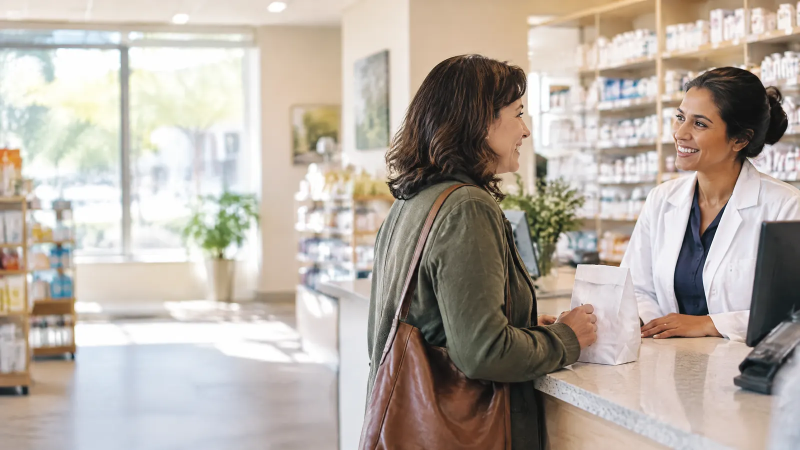 A woman in her forties chats with a pharmacist across the counter of a bright neighbourhood pharmacy while picking up a prescription bag.