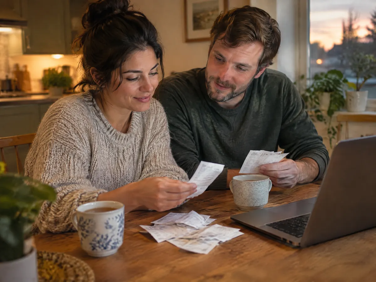 A couple sits at a kitchen table in the evening with a laptop and a small stack of pharmacy receipts, sorting them together over cups of tea.