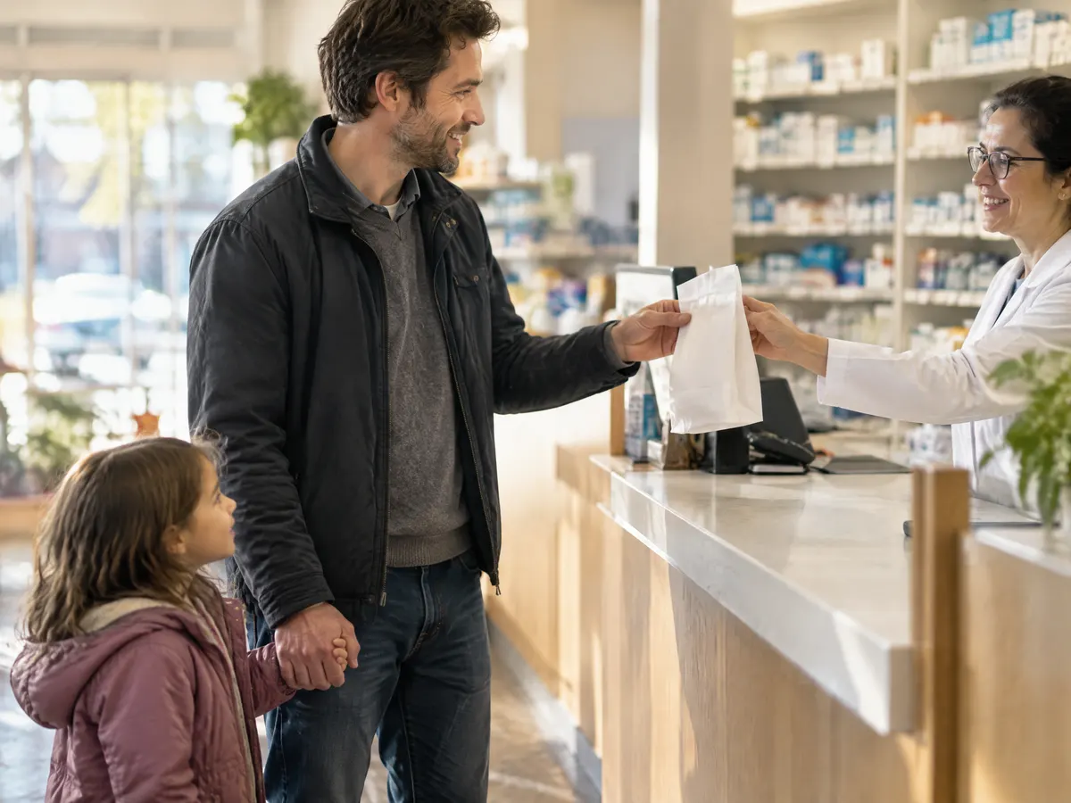 A father at a neighbourhood pharmacy counter picks up a prescription bag from a pharmacist, with his young daughter holding his hand.
