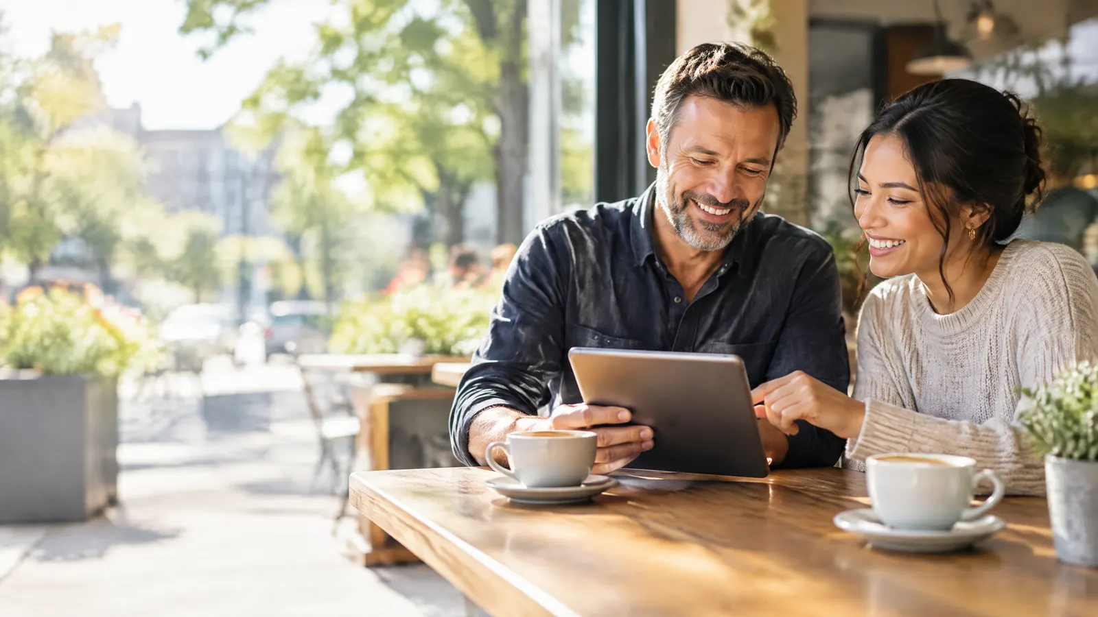 A small-business owner and an employee sit together at a sunny café table reviewing a retirement savings summary on a tablet, smiling over coffee.