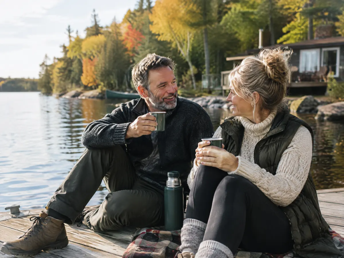 A middle-aged couple relaxes on the dock of a lakeside cottage in early autumn, sharing a thermos of tea and enjoying a slower pace of life.
