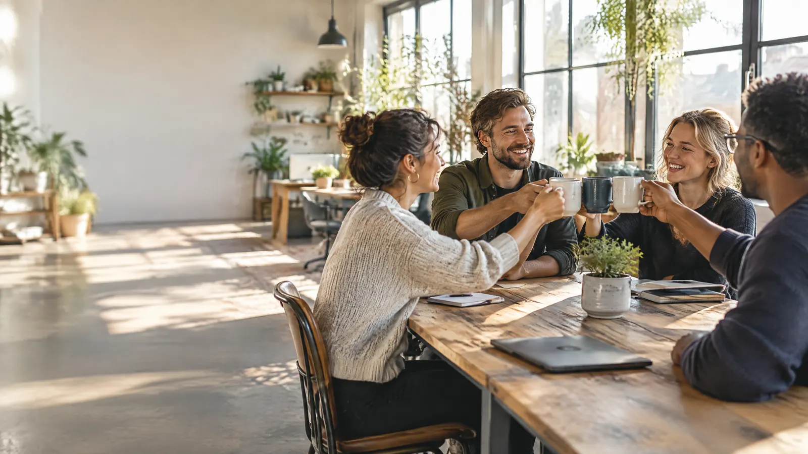 A small team at a bright workshop-style office raises coffee mugs around a long wooden table after a good quarter, sunlight streaming through big windows.