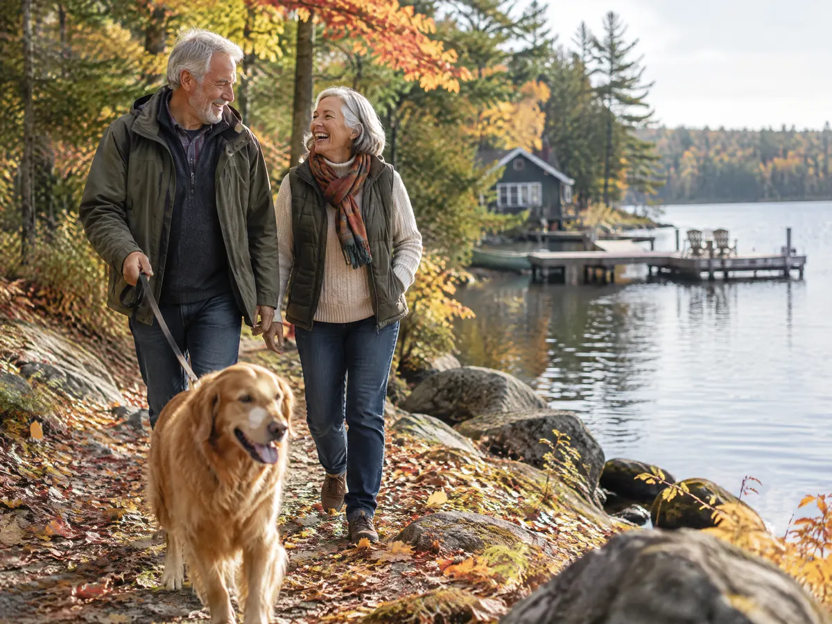 A relaxed couple in their sixties walks a dog along a lakeside trail in autumn, laughing together with a cottage dock in the background.