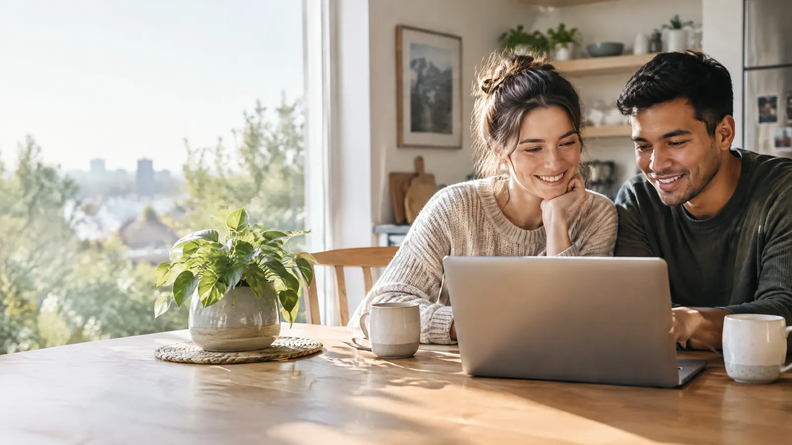 A young couple sitting at a sunny kitchen table looking at a laptop together, smiling as they plan savings for their first home, coffee mugs and a houseplant nearby.