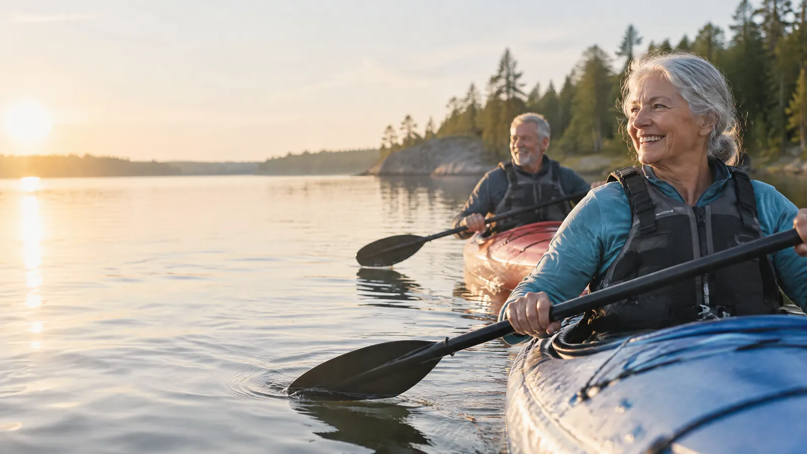 A retired couple in their sixties kayaking on a calm Ontario lake at morning.