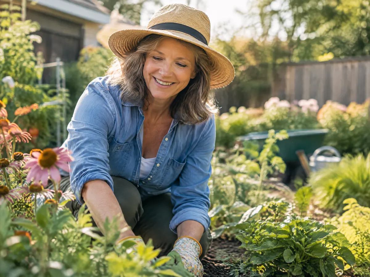 A woman in her fifties gardening in her backyard, smiling, sunhat on.