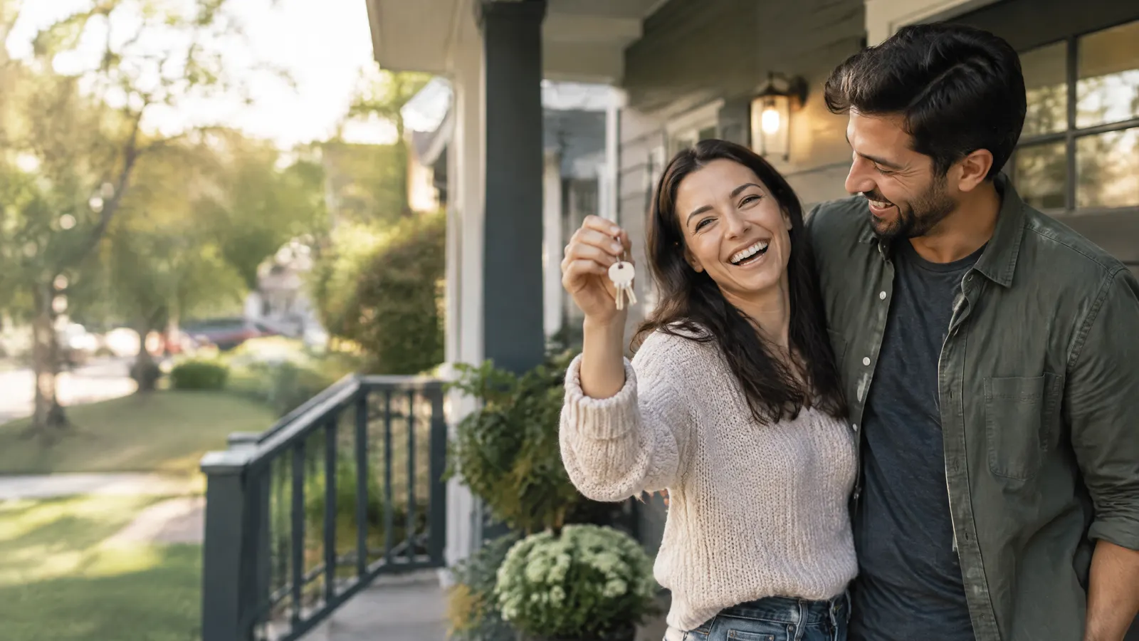 A couple in their thirties on the porch of their first home holding keys, excited.