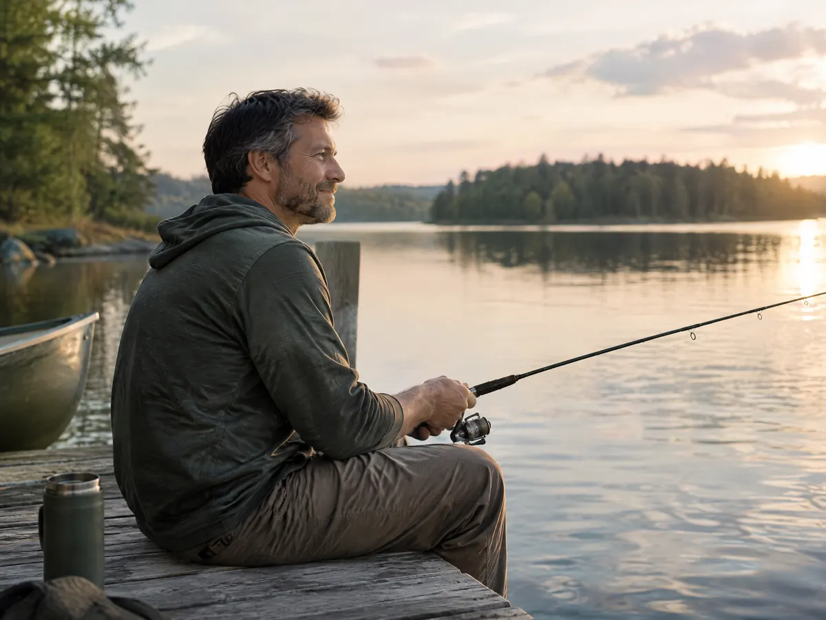 A man in his forties fishing off a dock at a quiet lake.