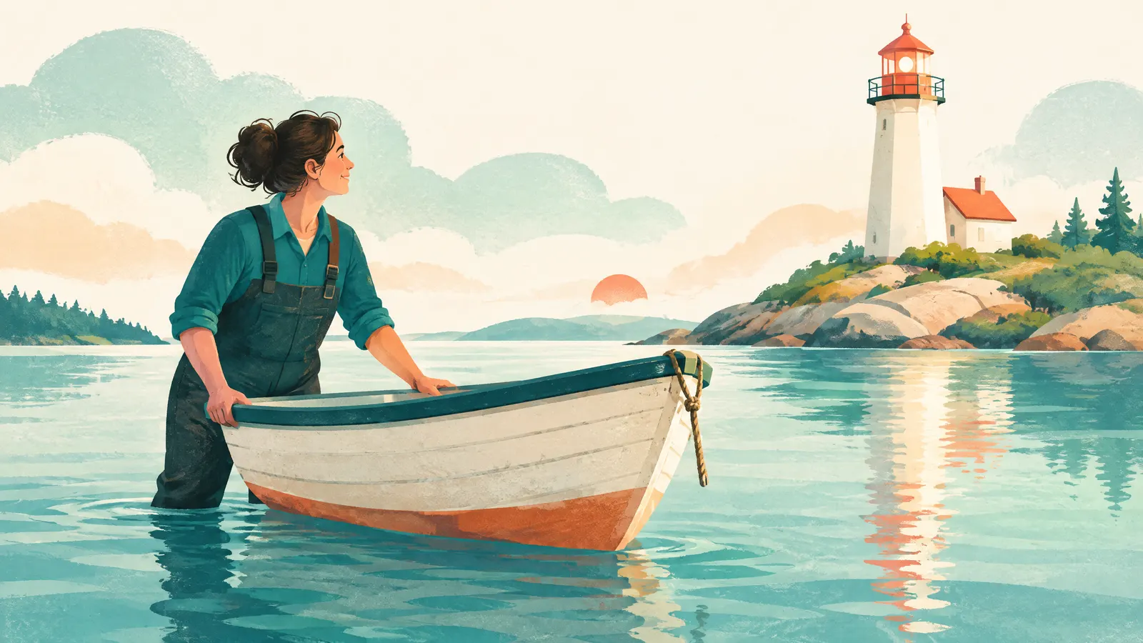 Illustration: a business owner holding a small boat steady on calm water while a lighthouse watches over.