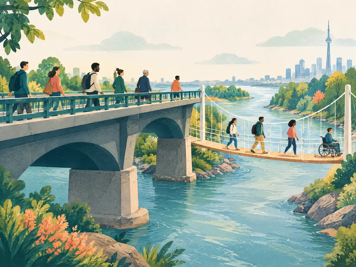 Illustration: two bridges across a river, one sturdy and one lighter, people crossing both.