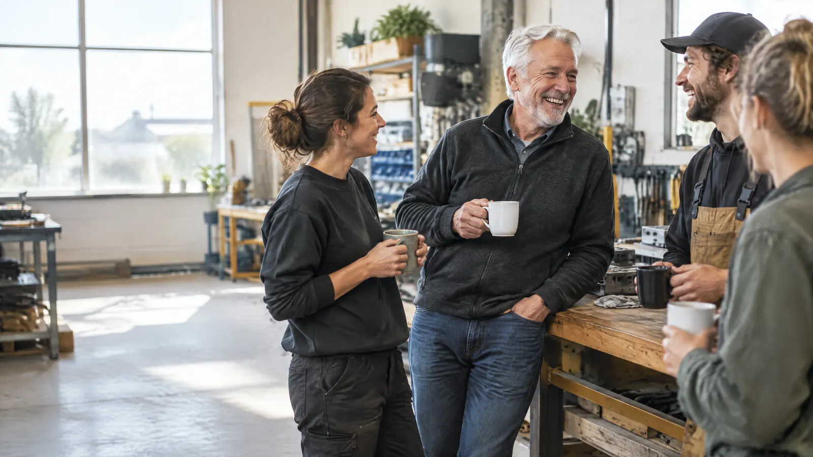 A silver-haired man in his late sixties laughs with younger coworkers around a workshop bench in a bright, modern small manufacturing shop, coffee mugs in hand.