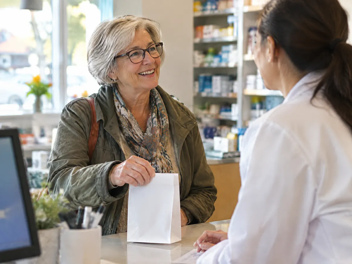 An older woman with reading glasses chats with a pharmacist across a sunny neighbourhood pharmacy counter while picking up a prescription bag.