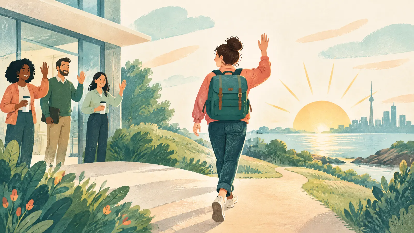 Illustration: a person waving goodbye to coworkers while walking toward a sunrise with a backpack.