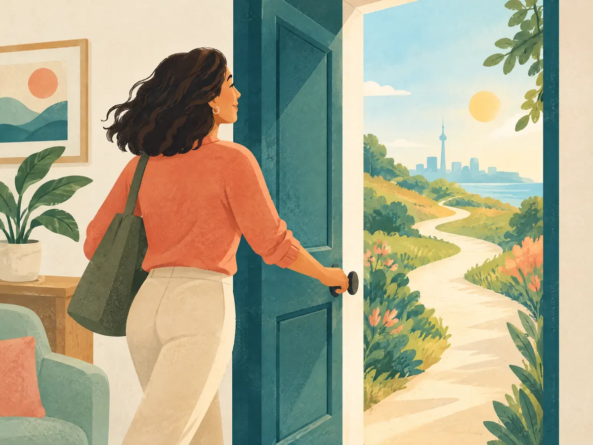 Illustration: a door opening onto a bright new path.