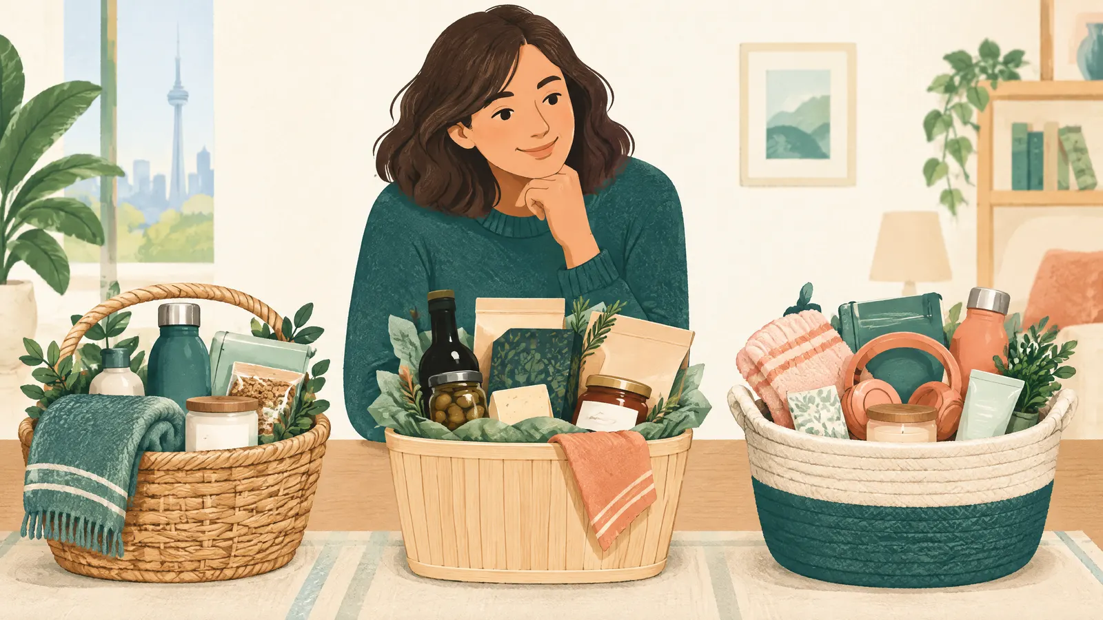 Illustration: three different benefit gift baskets lined up side by side being compared by a curious owner.
