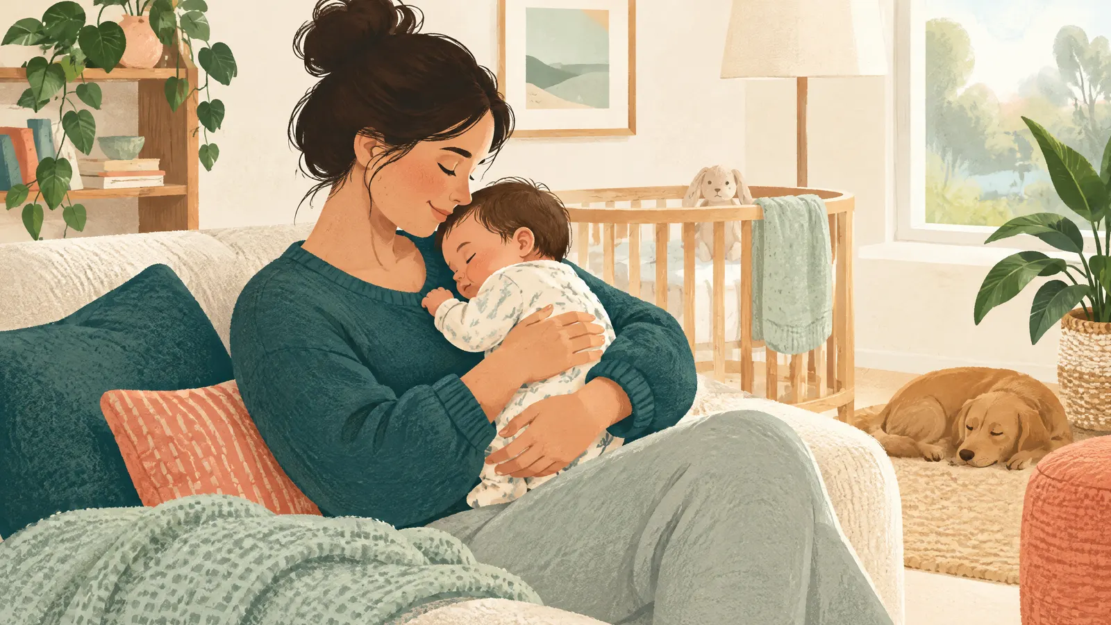 Illustration: a new parent holding a baby at home with a calm, cozy atmosphere.