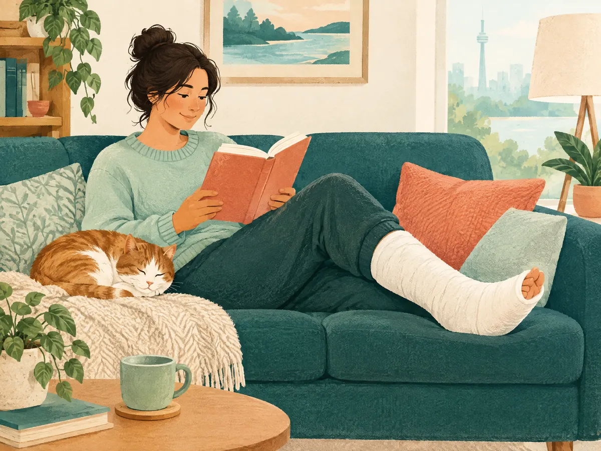 Illustration: a person with a cast reading on a couch with a cat.