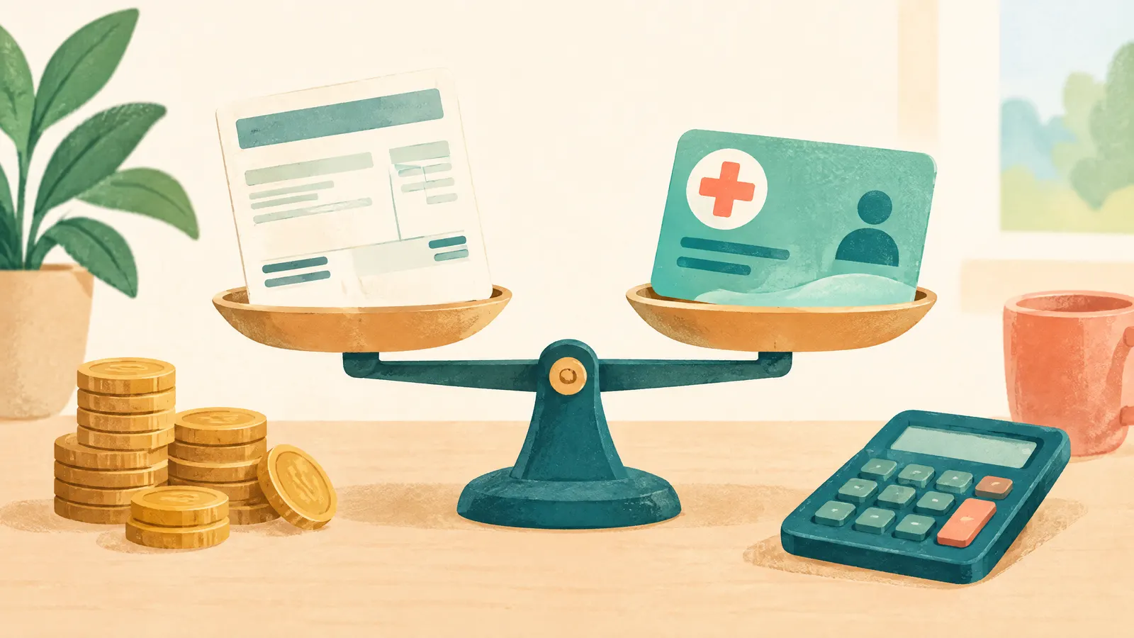 Illustration: a pay stub shape and a health card balanced on a simple scale, with coins and a calculator.