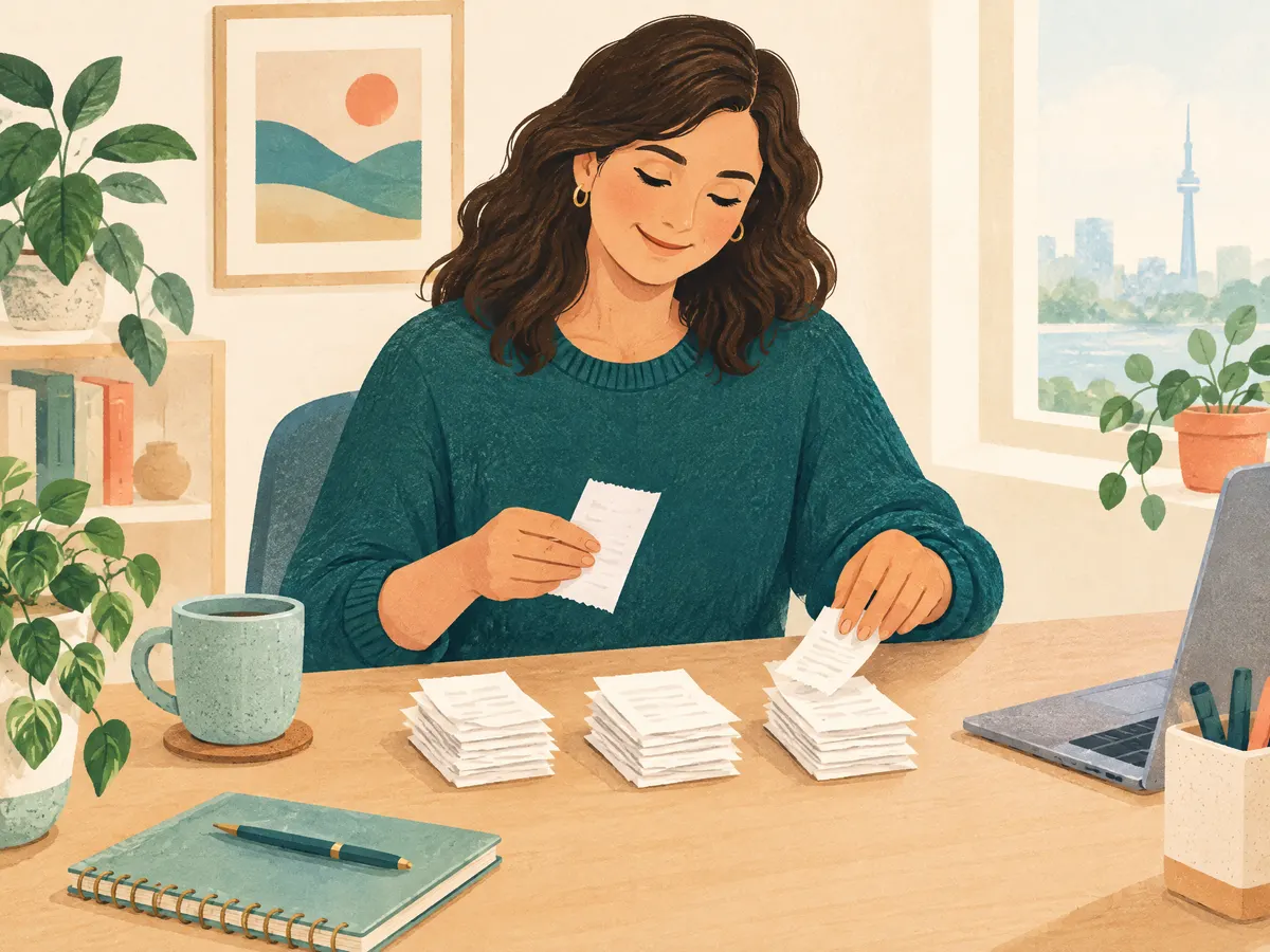 Illustration: a woman at her desk looking relaxed while sorting receipts into tidy piles.
