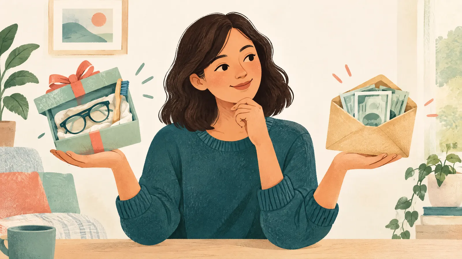 Illustration: a person choosing between a gift box holding glasses and a toothbrush and an envelope of money.