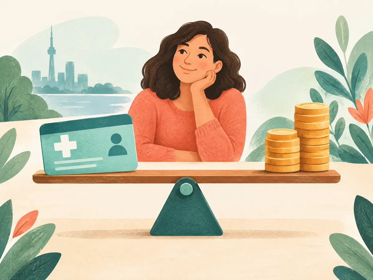 Illustration: a seesaw balanced between a health card and coins.
