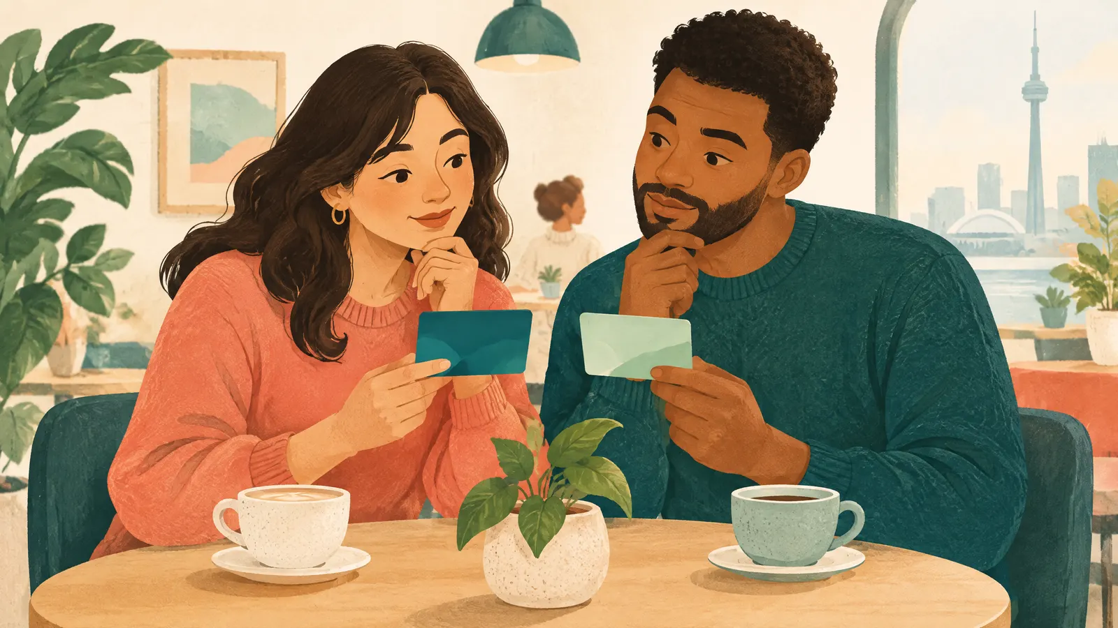 Illustration: two people at a cafe table comparing two cards side by side with curious expressions.