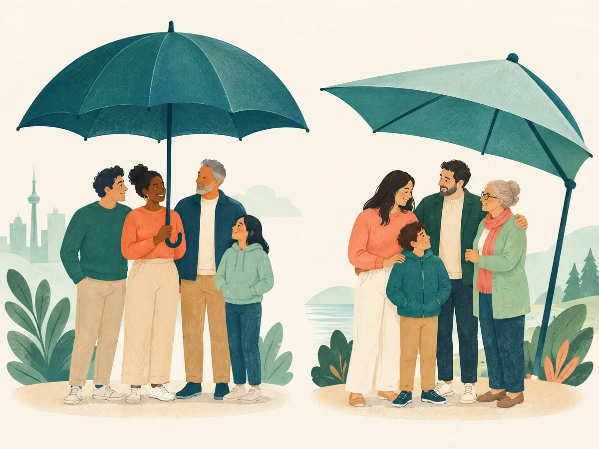 Illustration: two umbrellas of different shapes side by side over small groups of people.