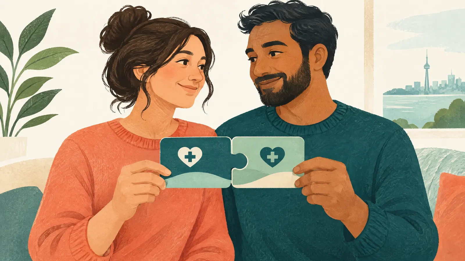 Illustration: a couple each holding a health card that fits together like puzzle pieces.