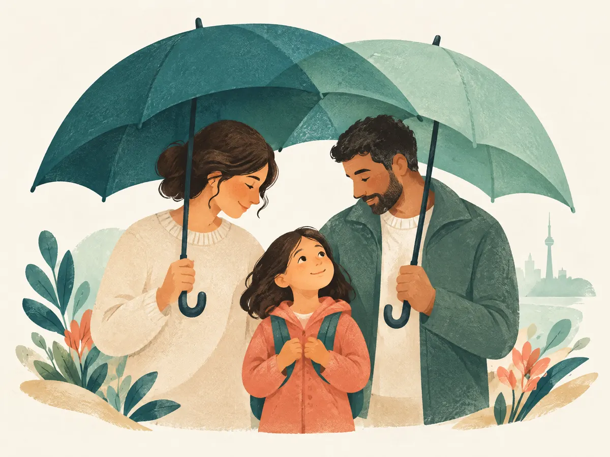 Illustration: two umbrellas overlapping to shelter a child.
