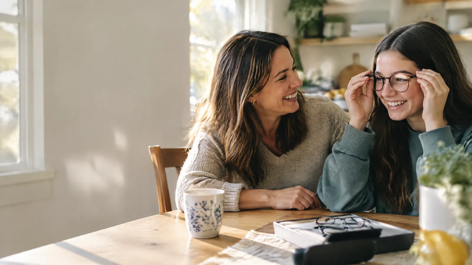 A parent and a teenage child sit together at a kitchen table on a sunny morning, laughing while the teen tries on a new pair of eyeglasses.
