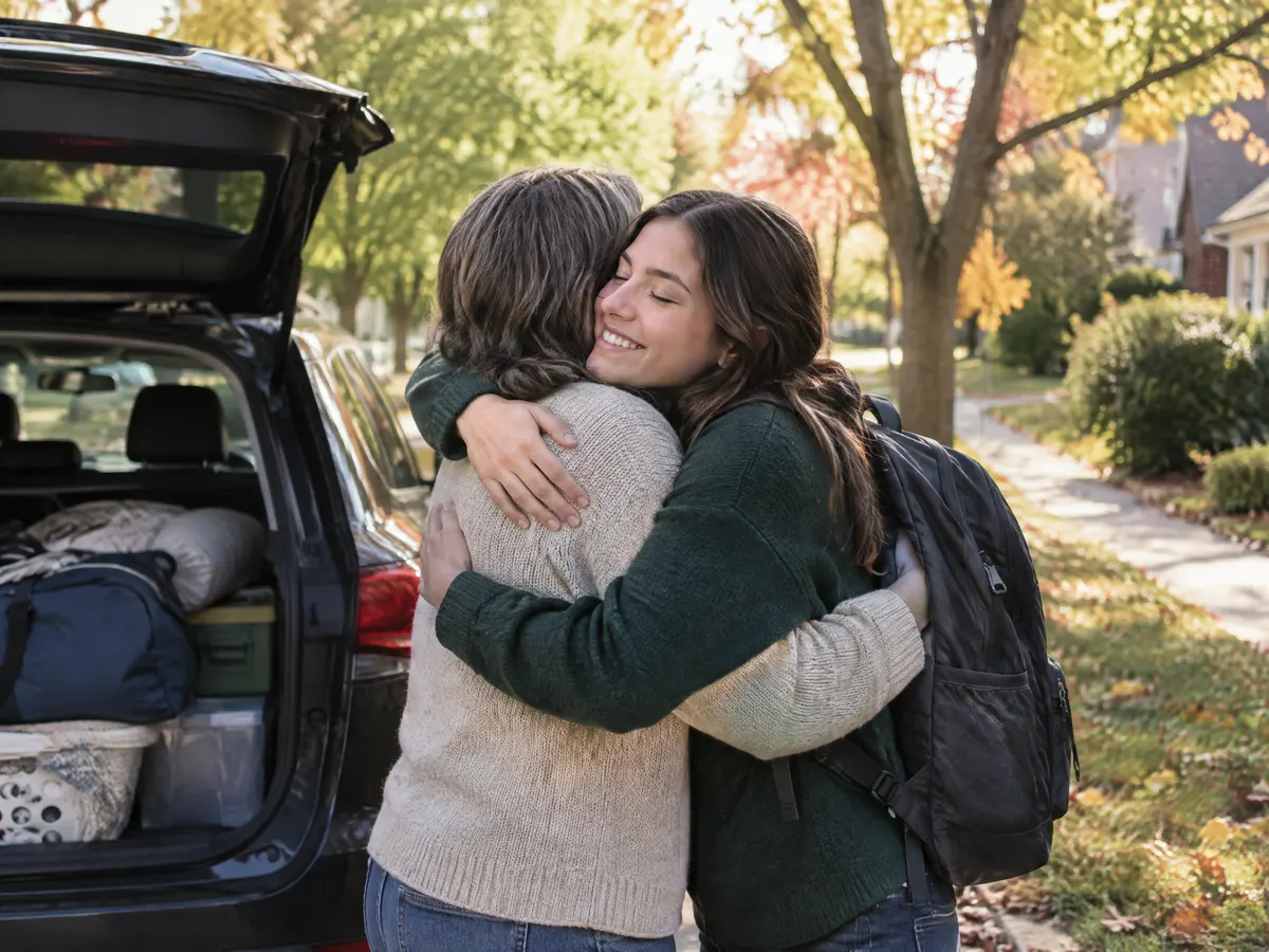A university student carrying a backpack hugs a parent goodbye beside a packed car on a tree-lined residential street in early autumn.