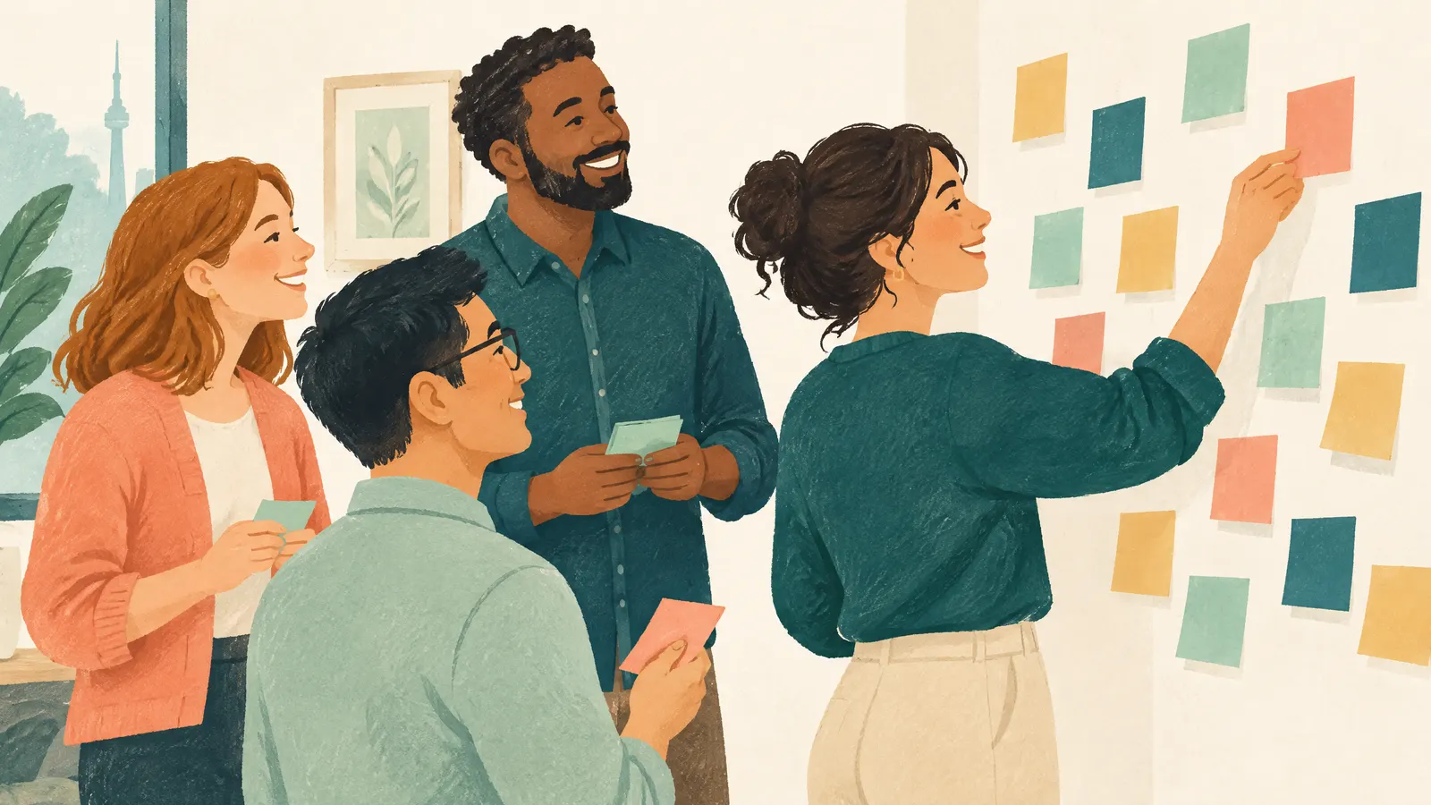 Illustration: a team giving feedback by placing sticky-note shapes on a wall, smiling.