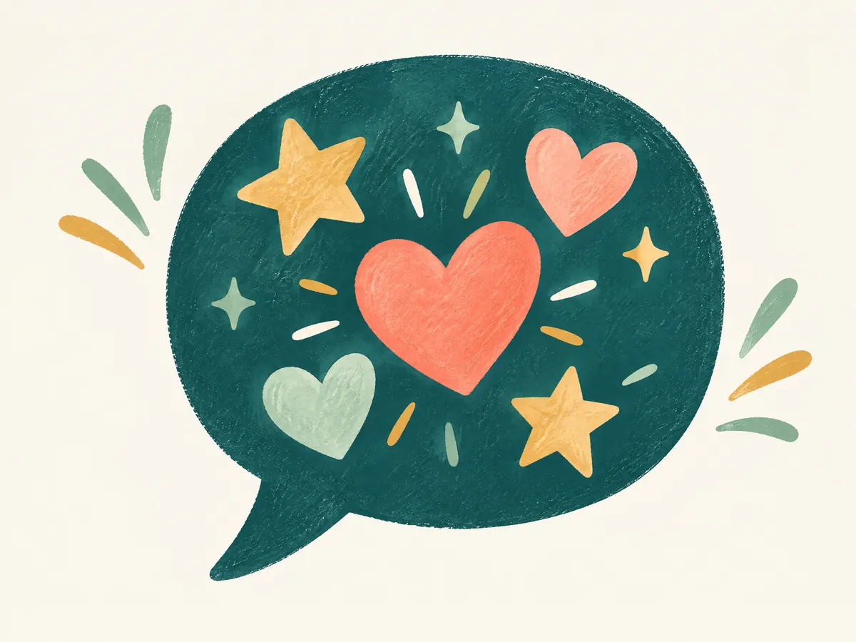 Illustration: a speech bubble shape with hearts and stars.