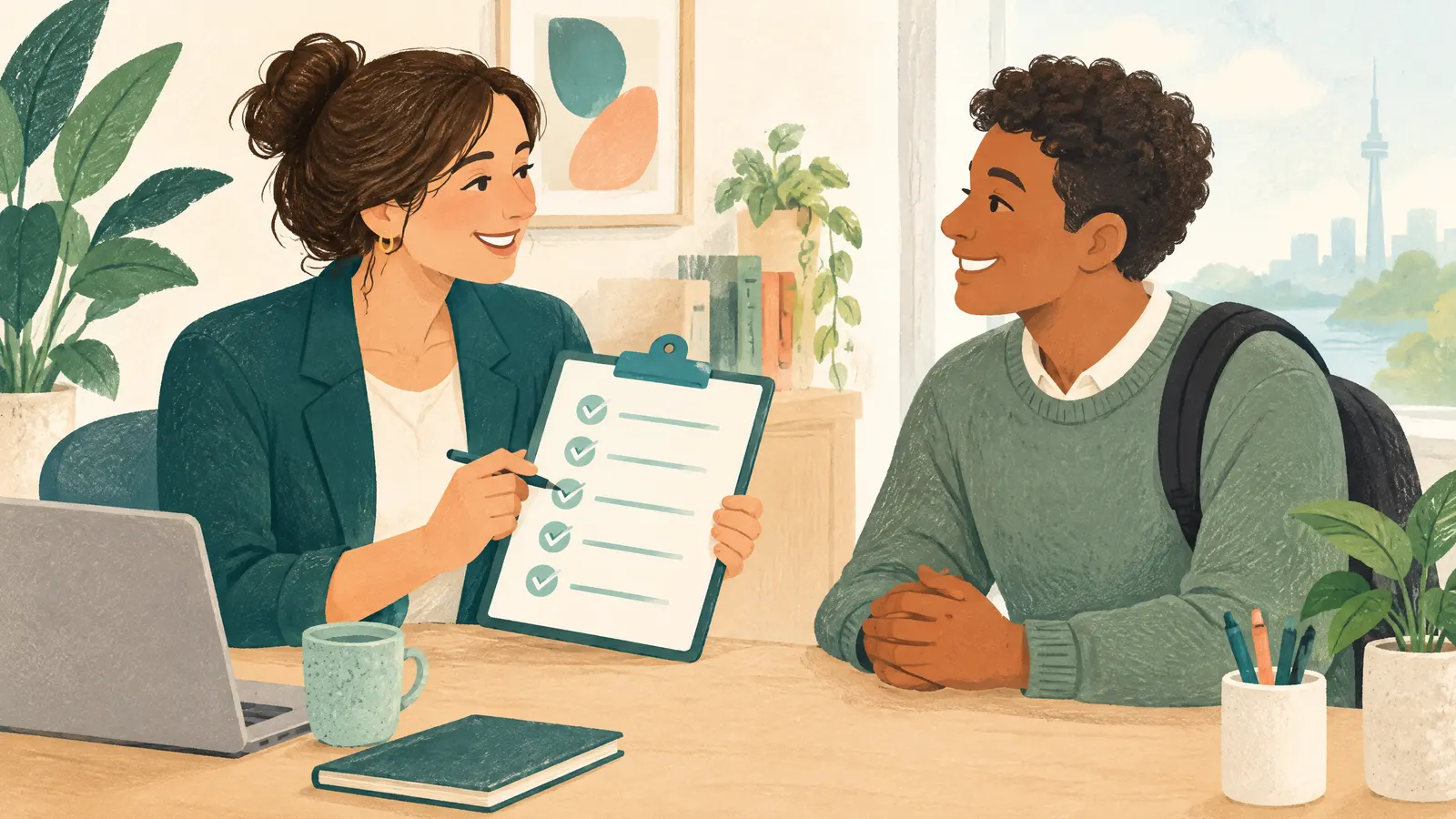 Illustration: an HR person ticking off a friendly checklist with a happy new hire.
