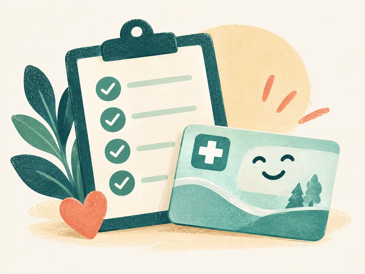 Illustration: a clipboard with checkmarks and a smiling health card.