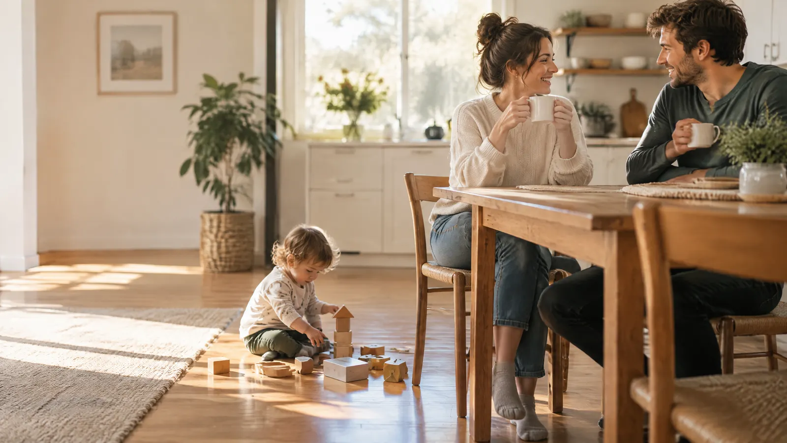 A young couple sits at a kitchen table on a sunny weekend morning, coffee mugs in hand, while their toddler plays with wooden blocks on the floor nearby.