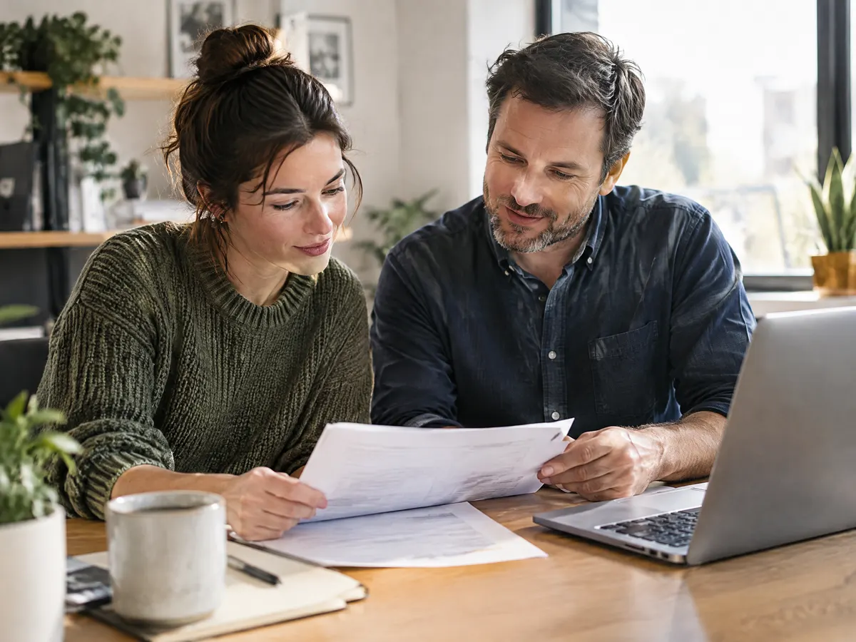 A small business owner and an employee sit side by side at a bright office desk, looking over printed benefits paperwork together with a laptop open beside them.