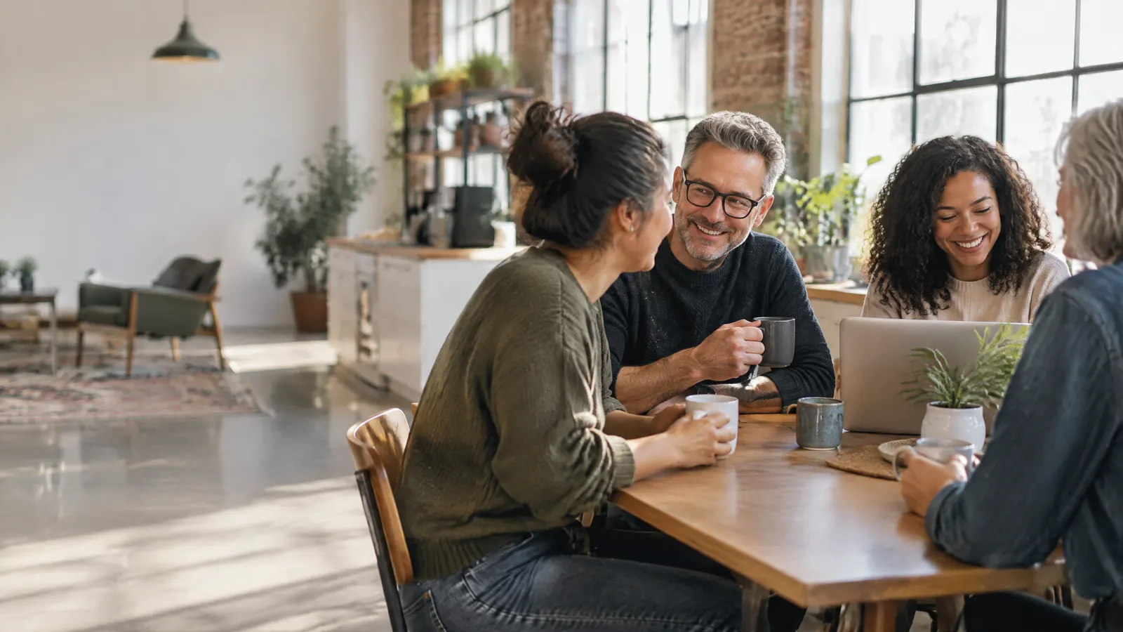 A small team of coworkers of mixed ages chatting over coffee at a bright kitchen table in a converted warehouse office, one person smiling while glancing at a laptop.