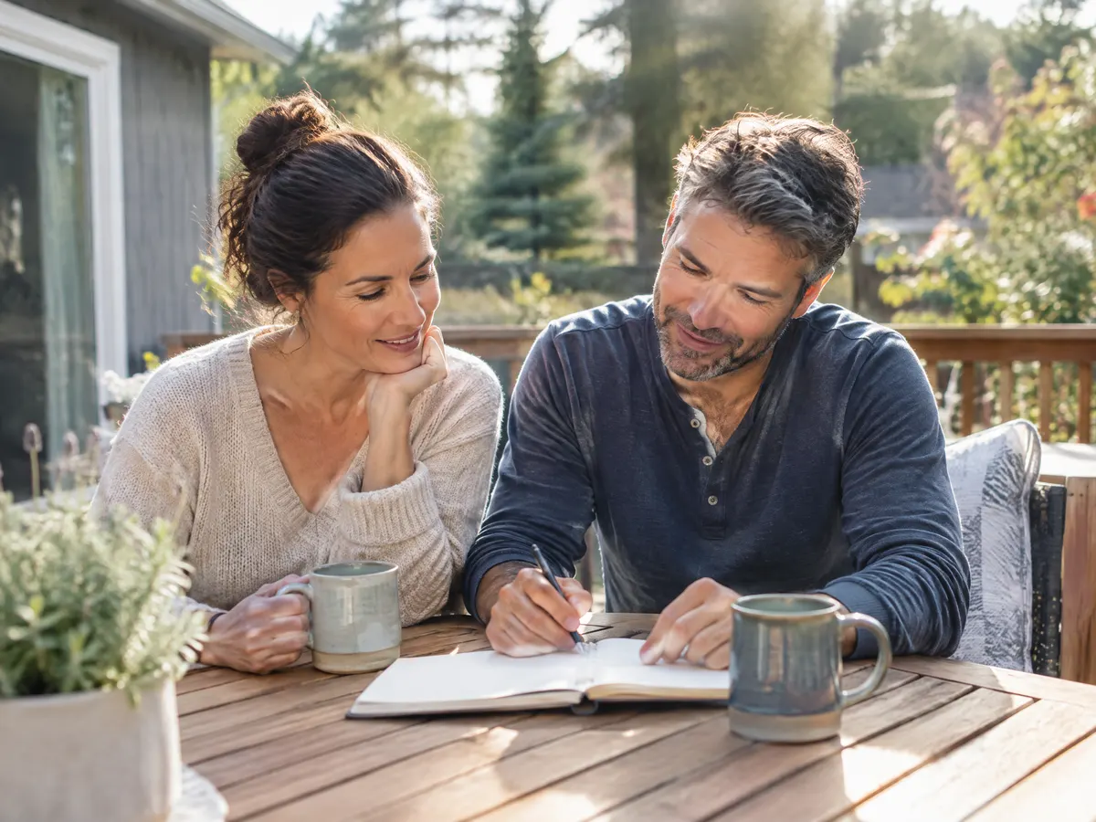 A couple in their forties sitting on a sunny backyard deck with a notebook and mugs, relaxed while planning ahead together.