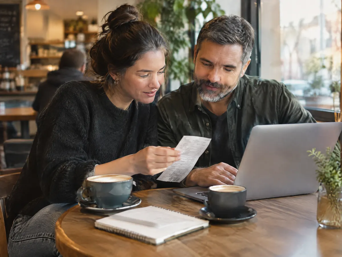A small business owner and an employee sit at a café table reviewing a receipt and a laptop together, coffee cups and a notebook between them.